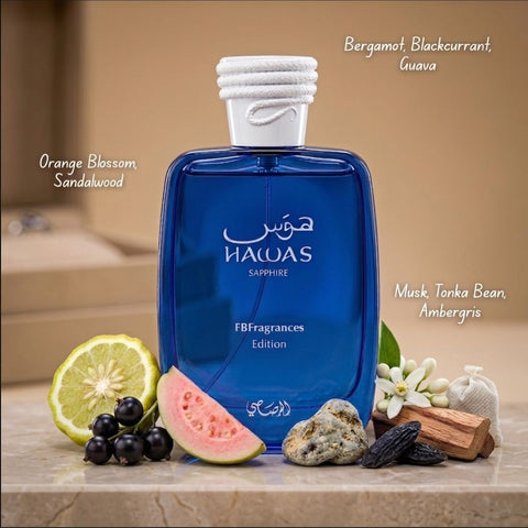 Rasasi Hawas Sapphire, Hawas Men & Hawas Ice Eau de Parfum Sprays 100ml (3.4 oz) by Rasasi (Bundle)