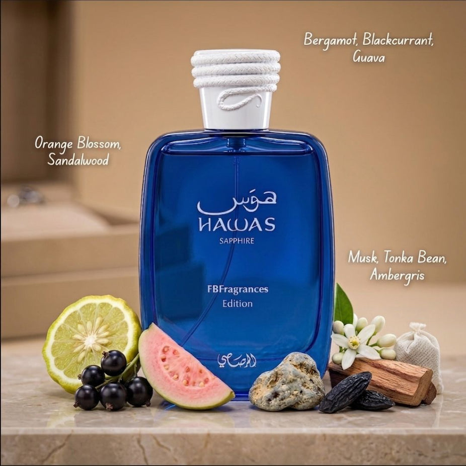 Rasasi Hawas Sapphire, Hawas Men & Hawas Ice Eau de Parfum sprays in a 100ml bundle, featuring sleek bottles with vibrant designs.