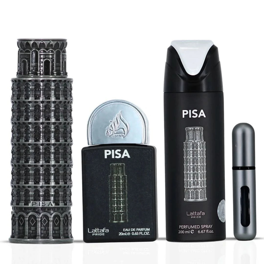 Lattafa Pride Pisa 3-piece perfume gift set with stylish bottles and decorative packaging, perfect for gifting.