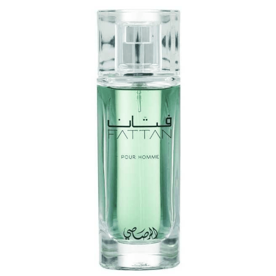 Fattan for Men Eau de Parfum by Rasasi 50ml spray bottle, sleek design with dark-colored cap and transparent glass container.