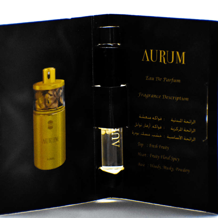 Aurumm EDP sample for women by Ajmal, 1ML (0.05 oz), small perfume vial with clear liquid and elegant packaging.