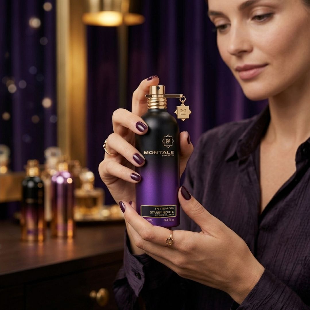 Montale Intense Starry Nights Extrait de Parfum spray bottle, 100ml, with elegant black cap and starry night-inspired packaging.