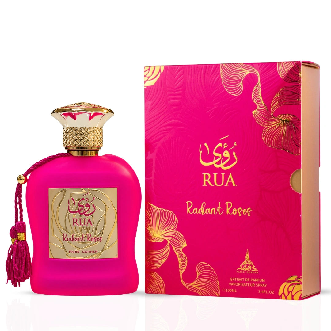 Intense Oud perfume bundle featuring Rua Radiant Roses Eau de Parfum 100ml and Ajwad Pink to Pink EDP 60ml, displayed with bottles.
