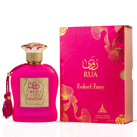 Intense Oud perfume bundle featuring Rua Radiant Roses Eau de Parfum 100ml and Ajwad Pink to Pink EDP 60ml, displayed with bottles.