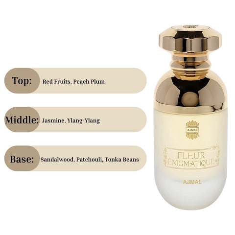 Ajmal FLEUR ÉNIGMATIQUE EDP spray 90ML with elegant perfume bottle, showcasing luxurious and captivating scent presentation.