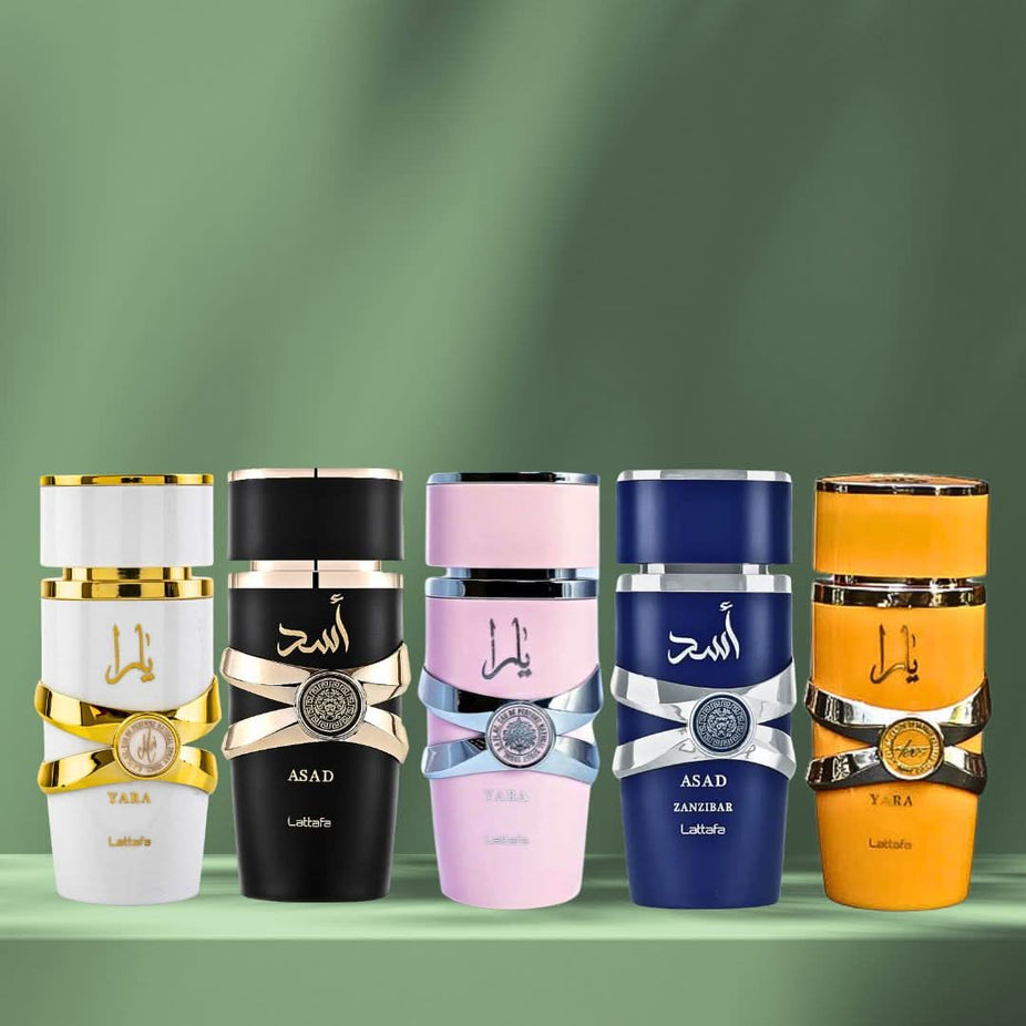 Lattafa Yara Moi and Yara Tous Eau de Parfum sprays in 100ml bottles, featuring elegant packaging and branding.