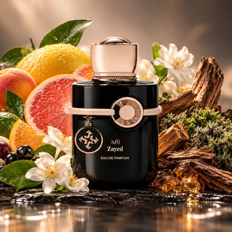 Zayed Eau de Parfum Spray by AZHA, 100ml bottle, elegant packaging with a sleek design and floral accents.