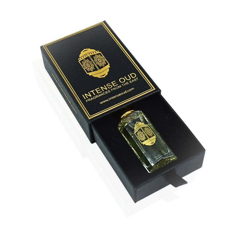 Intense Oud Amber Rose perfume oil in a 12ml glass bottle with black gift box, showcasing the luxurious amber rose scent.