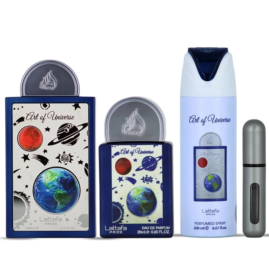 Lattafa Pride Art of Universe 3-Piece perfume gift set with elegant bottles and packaging, showcasing luxurious fragrance options.