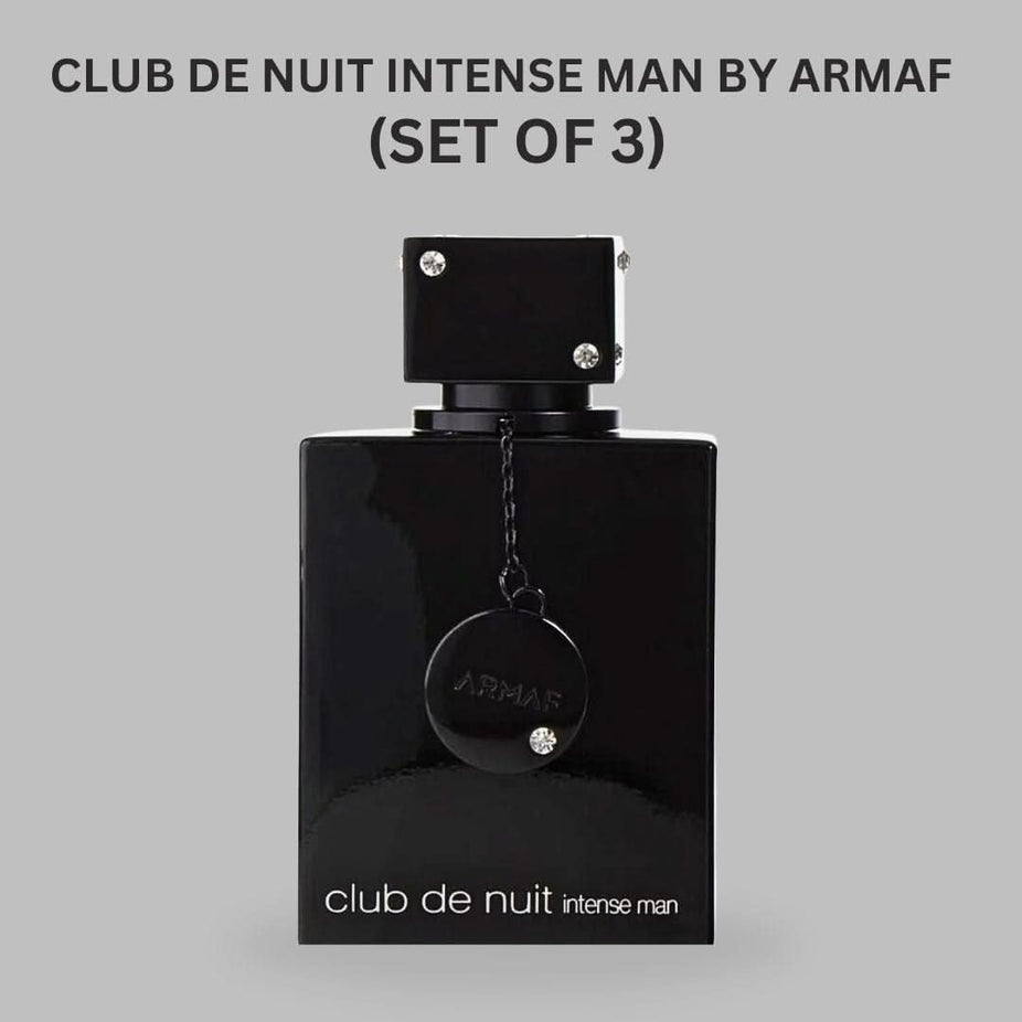 Armaf Club De Nuit Intense Men Eau de Toilette spray in a 105ml bottle, shown in a value pack of three, with sleek packaging.