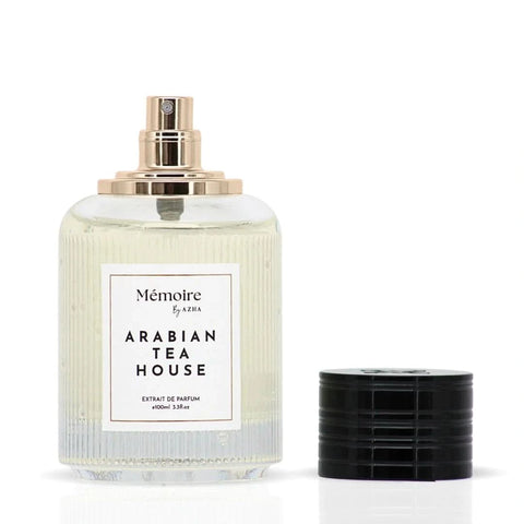 Azha Arabian Tea House Extrait de Parfum Spray 100ml from Memoire Collection, featuring elegant velvet pouch and luxurious fragrance.