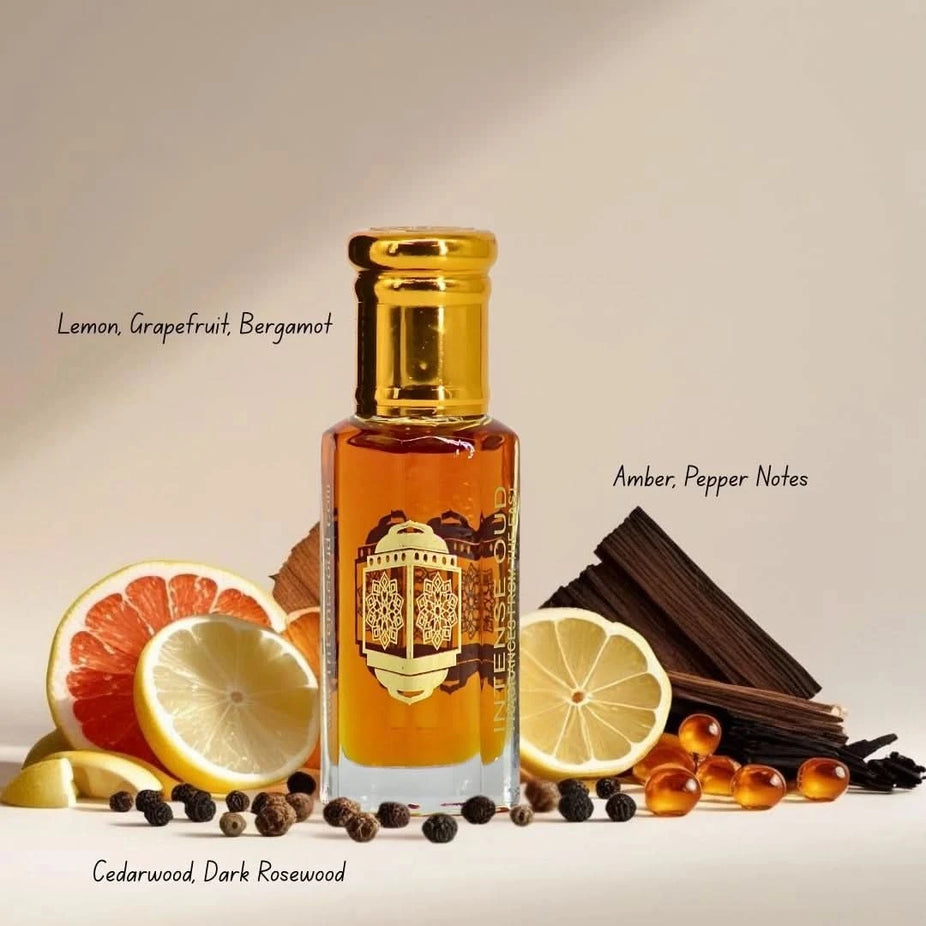 AZHA Fall Bundle featuring Raghad Eau de Parfum spray, Baklava Extrait de Parfum spray, and Nouf Loose Oil by Intense Oud, 100ml and 12ml.