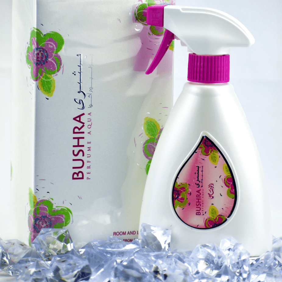 Aqua Bushra air freshener bottle by Rasasi, 375ml, with a sleek design and label featuring floral and aquatic motifs.