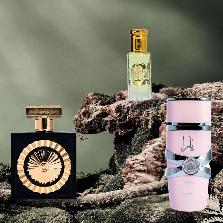 Intense Oud Yara Nebras Eau de Parfum spray 100ml and Lady Mile perfume oil 12ml in magnetic gift box.