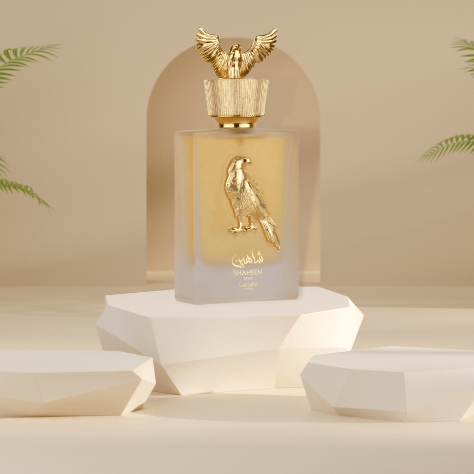 Lattafa Pride Shaheen Gold Eau de Parfum spray, 100ml bottle with gold accents, elegant fragrance packaging.