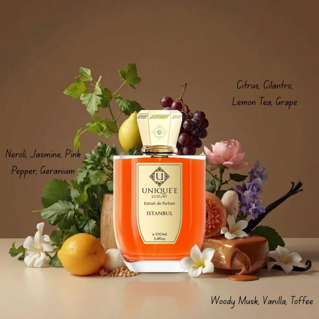 Istanbul Extrait de Parfum 100ml by Unique'e Luxury, elegant perfume bottle with intricate design and rich amber-colored fragrance.