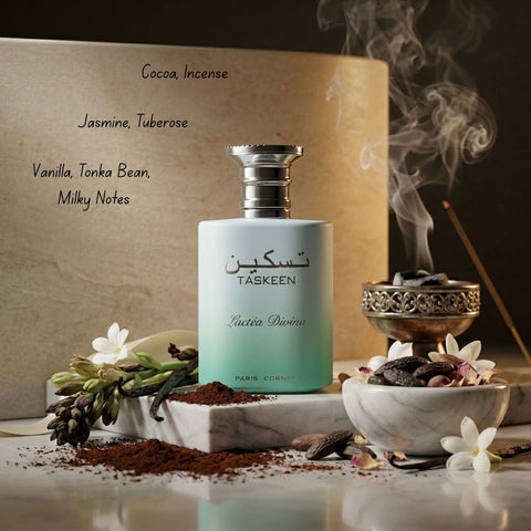 Taskeen Lactéa Divina Eau de Parfum spray by Paris Corner, 100ml bottle, elegant design and fragrance details visible.