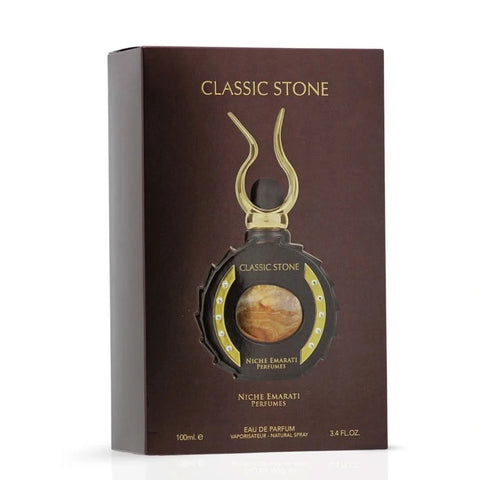 Lattafa Niche Emarati Classic Stone Eau de Parfum spray 100ml, featuring a sleek bottle with elegant design and gold accents.