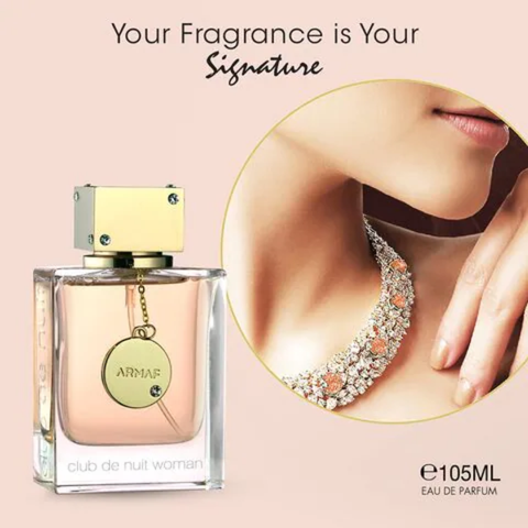 Armaf Club De Nuit for Women Eau de Parfum 105ml in velvet pouch, featuring elegant bottle and floral fragrance details.