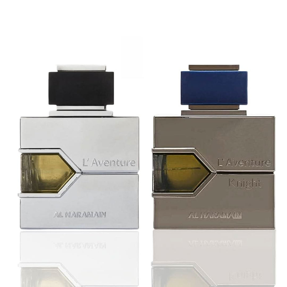 Al Haramain L'Aventure for Men and Knight Eau De Parfum bottles, 100ml, with sleek glass designs and elegant fragrance labels