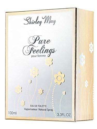 Pure Feelings Women EDT by Shirley May, 100ml Eau De Toilette with a stylish pouch, featuring a sleek bottle design.