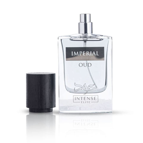 Imperial Oud for Men EDP by Intense Elite, 50ml Eau De Parfum with velvet pouch, featuring a sleek perfume bottle and luxurious packaging.