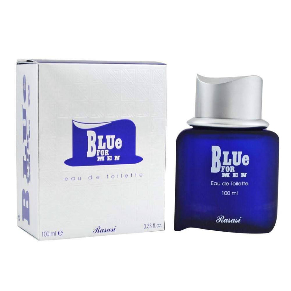 Rasasi Blue Lady and Blue for Men couple fragrance set with bottles featuring floral and fresh scent designs.
