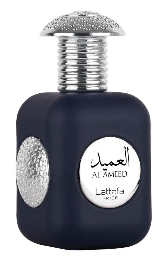 Al Ameed Eau De Parfum by Lattafa Pride in 100mL bottle, featuring elegant packaging and fragrance details.