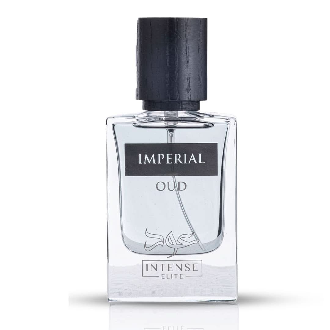 Imperial Oud for Men EDP by Intense Elite 50ML Eau De Parfum with velvet pouch, showcasing the fragrance bottle and packaging.