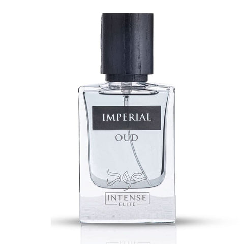 Imperial Oud for Men EDP by Intense Elite 50ML Eau De Parfum with velvet pouch, showcasing the fragrance bottle and packaging.