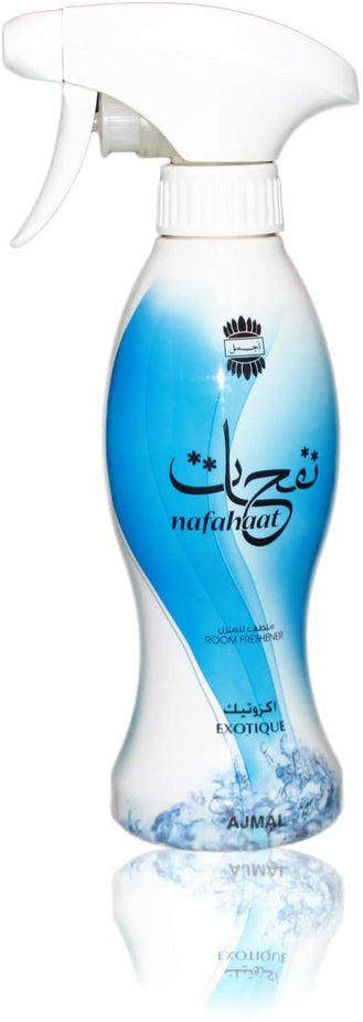Ajmal Nafahat Exotique air freshener bottle with pouch, 300ml, featuring floral and exotic scent elements.