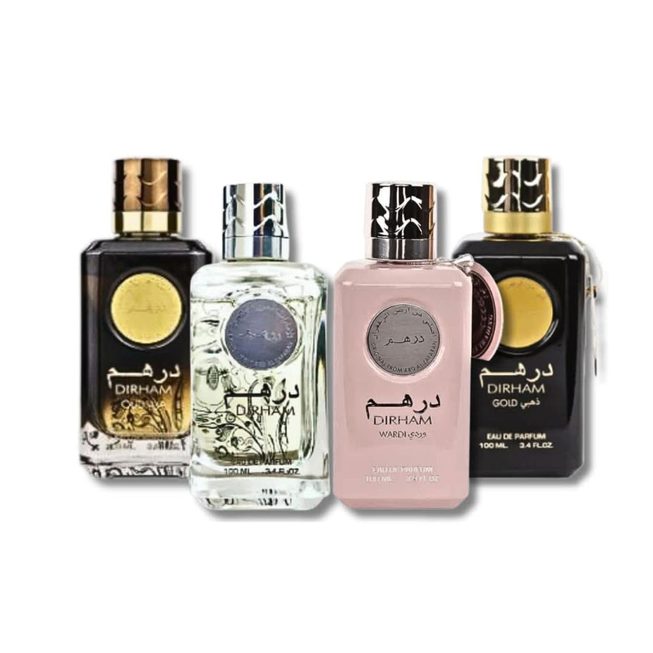 Elegant Ard Al Zaafaran Dirham Wardi Eau De Parfum bottle in gold, silver, and oud scents for men and women, 100ml.