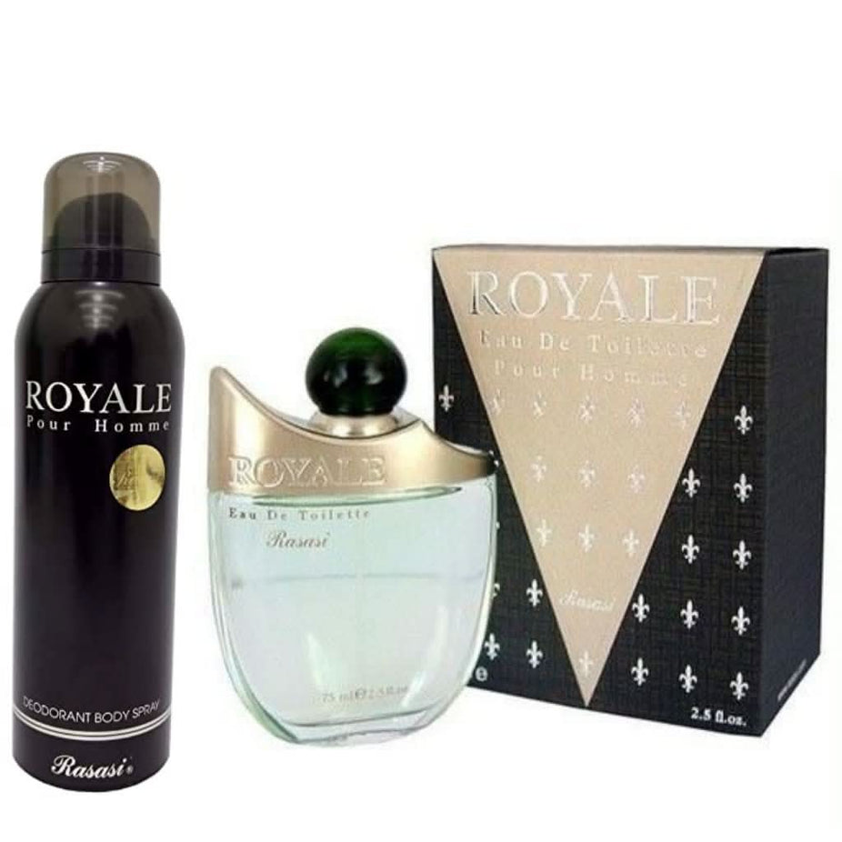 Rasasi Royale for Men perfume EDP bundle with 75ml and 200ml bottles, featuring sleek perfume and deodorant packaging.