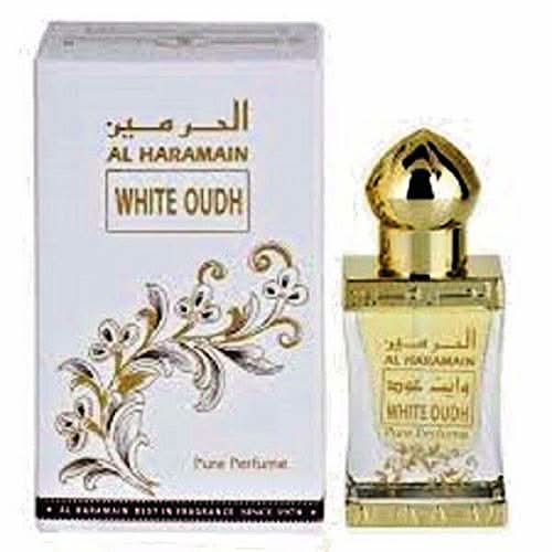 White Oudh CPO concentrated perfume oil by Al Haramain in a 12ml bottle with a white cap and elegant packaging.