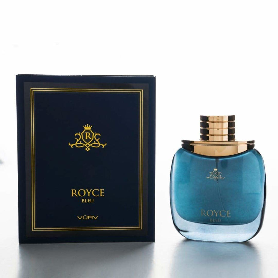 Vurv Royce Bleu for Men Eau De Parfum 100ml bottle with sleek blue design and silver cap, showcasing a luxurious fragrance.