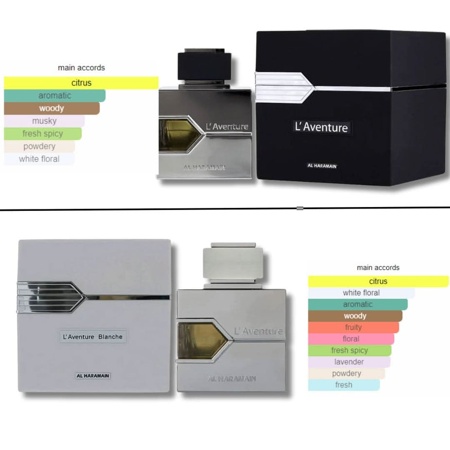 Al Haramain L'Aventure Blanche and L'Aventure for Men Eau De Parfum 100ml bottles, featuring sleek packaging and elegant design.