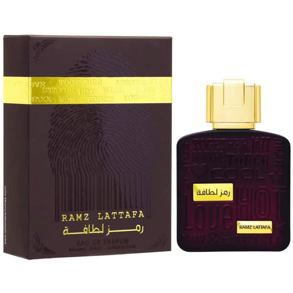 Ramz Lattafa Eau De Parfum couple set with two 100ml bottles, showcasing elegant packaging and sleek design.