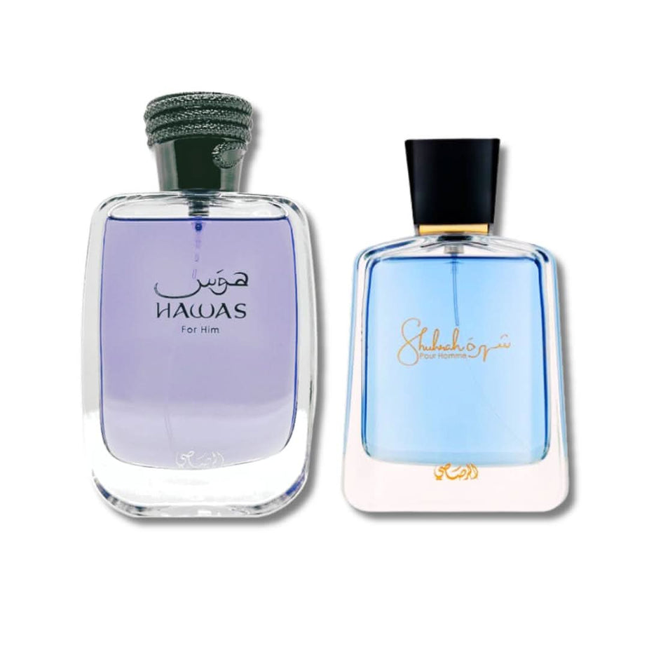 Rasasi Hawas for Him 100ml and Shuhrah Pour Homme 90ml fragrance bundle with perfume bottles on a neutral background.