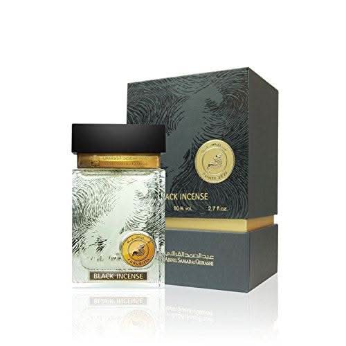 Black Incense EDP by Abdul Samad Al Qurashi in 80ml bottle, showcasing the elegant perfume bottle with black accents.