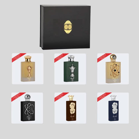 Lattafa Pride Discovery Pack of 6 20ml Eau De Parfum travel set with magnetic gift box, featuring various fragrances in sleek bottles.