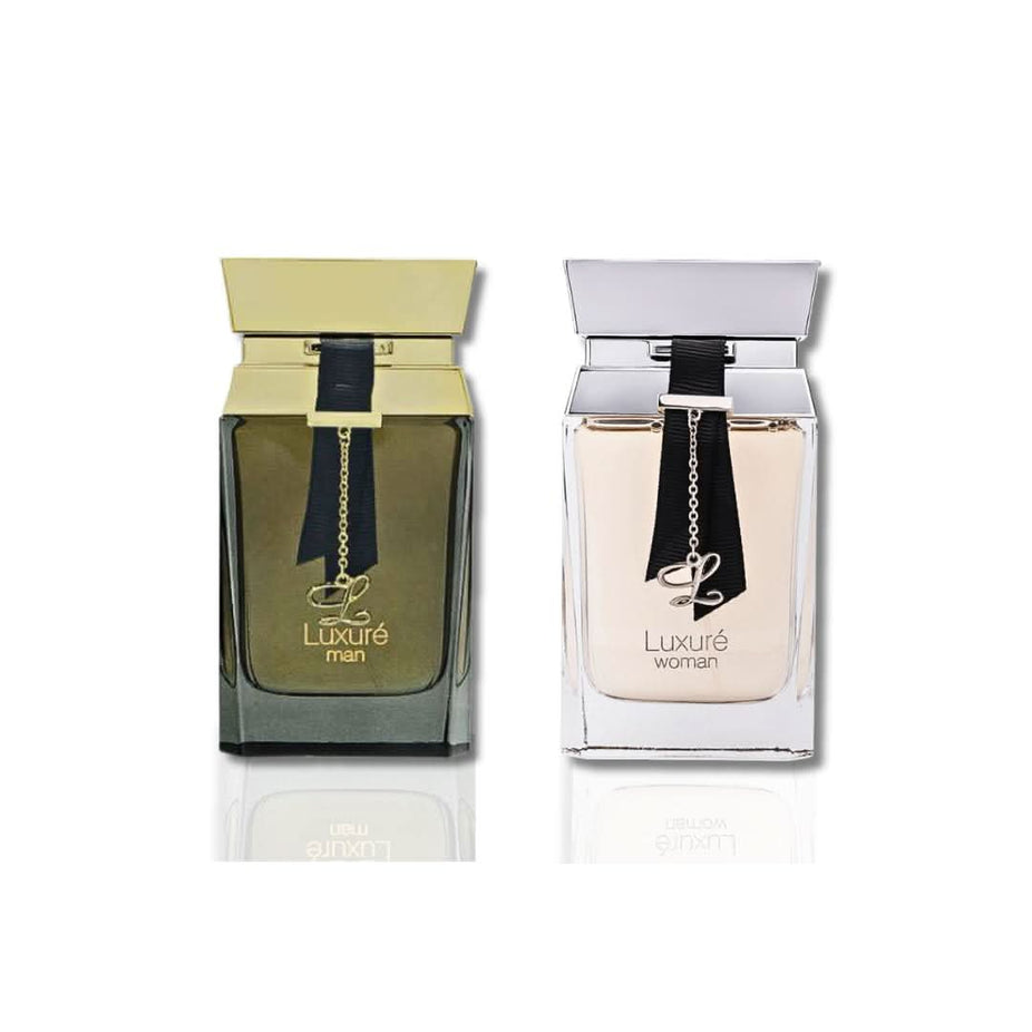 Luxure Men and Women Couple EDP by RAVE, 100ml Eau De Parfum featuring elegant bottles and stylish packaging.