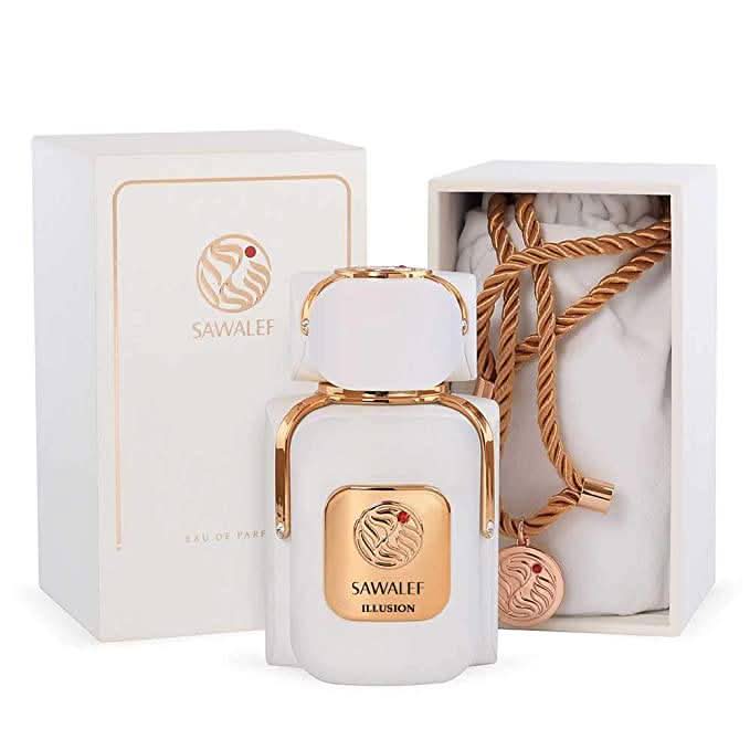 Sawalef Illusion Unisex Eau De Parfum 80ml bottle with sleek design and transparent glass showcasing the fragrance inside.