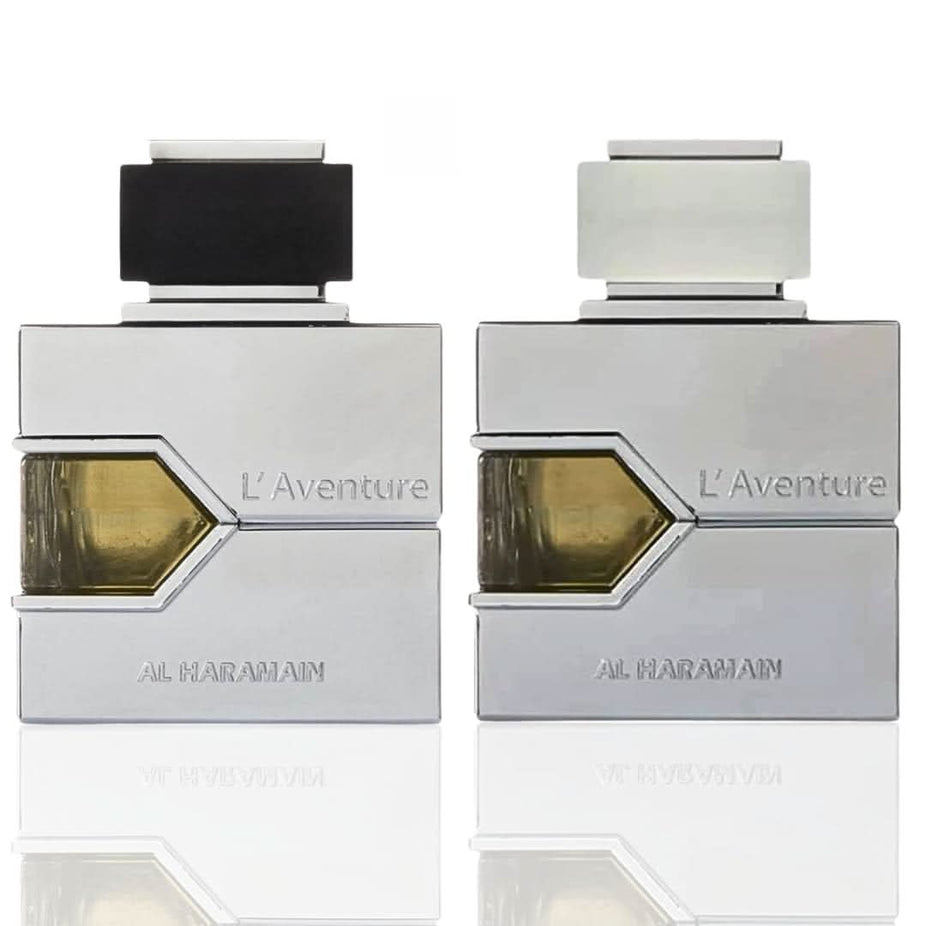 Al Haramain L'Aventure Blanche and L'Aventure for Men Eau De Parfum bottles, 100ml, showcasing elegant perfume packaging.