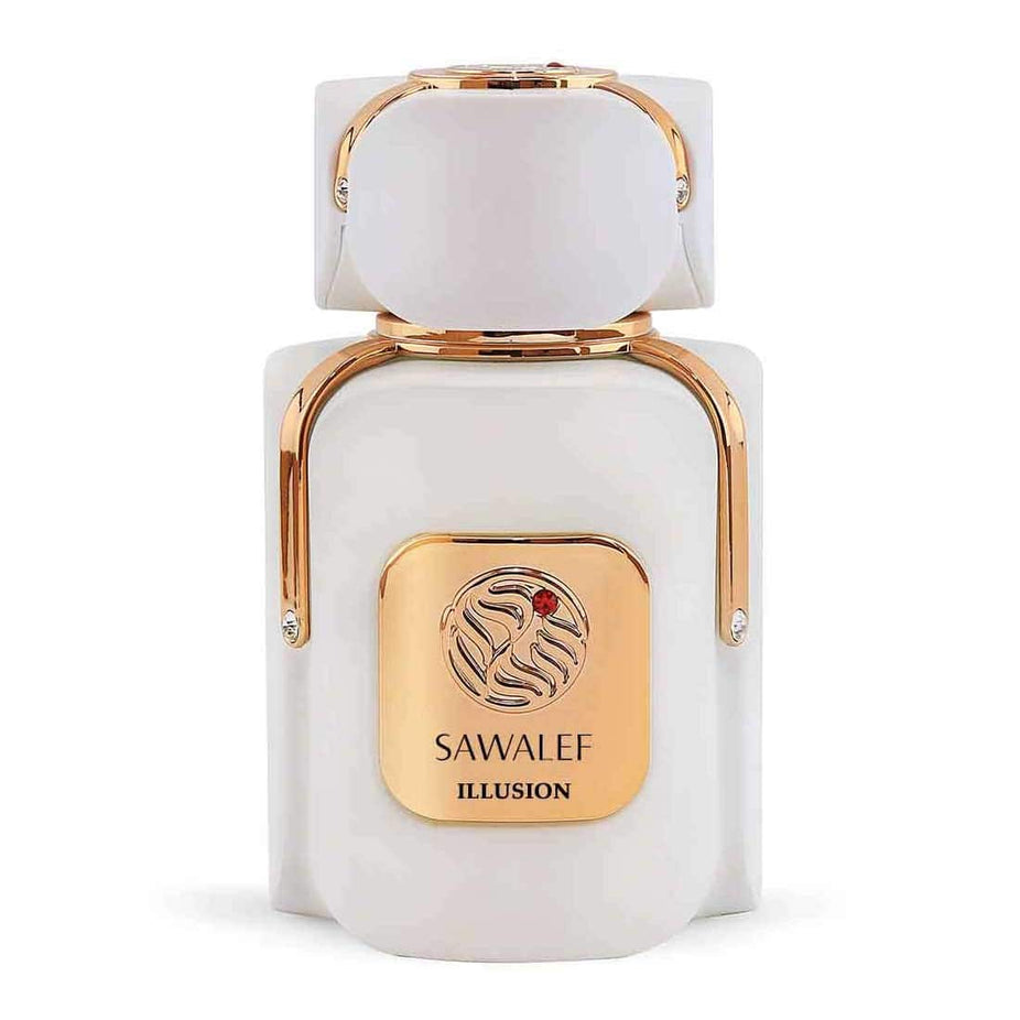 Sawalef Illusion Unisex Eau De Parfum bottle, 80 ML (2.7 oz), sleek design with clear glass and black cap.