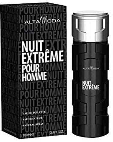 Alta Moda Nuit Extreme for Men EDT 100ml bottle with velvet pouch, featuring sleek glass design and elegant packaging.
