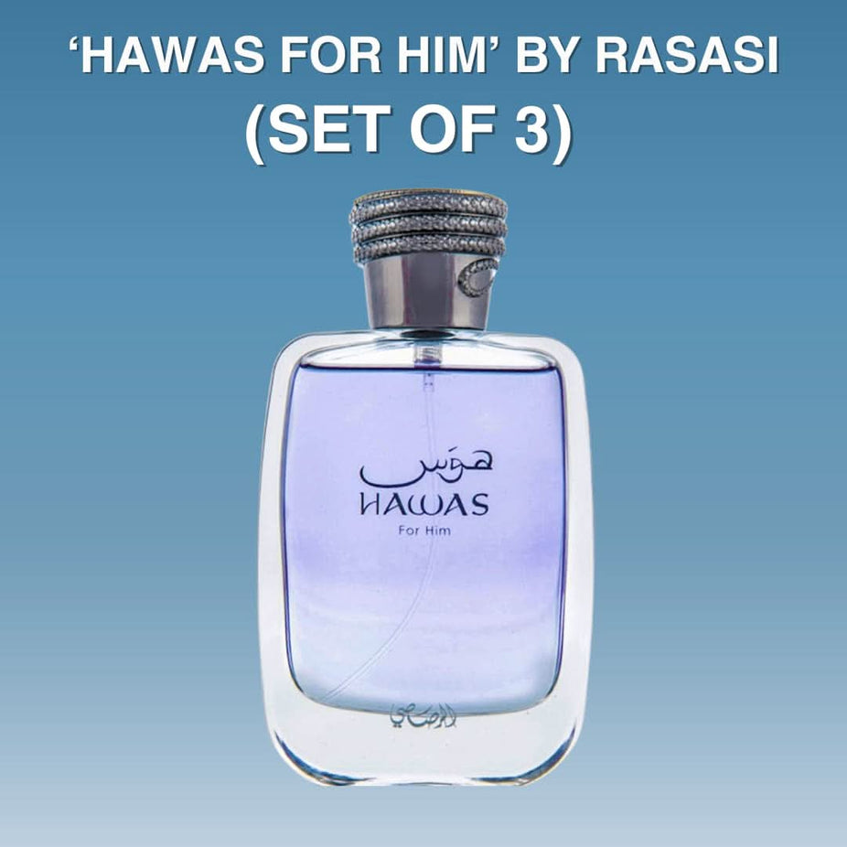 Rasasi Hawas for Him Eau de Parfum spray, 100ml, in a value pack of three bottles, shown in the image.