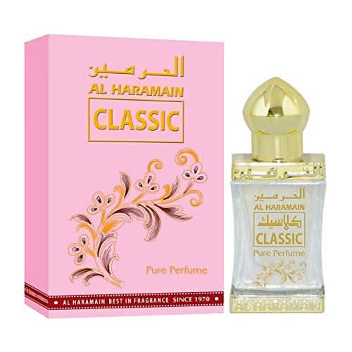 Al Haramain Classic Perfume Oil in a 12ml glass bottle with a black cap, showcasing the concentrated perfume oil.