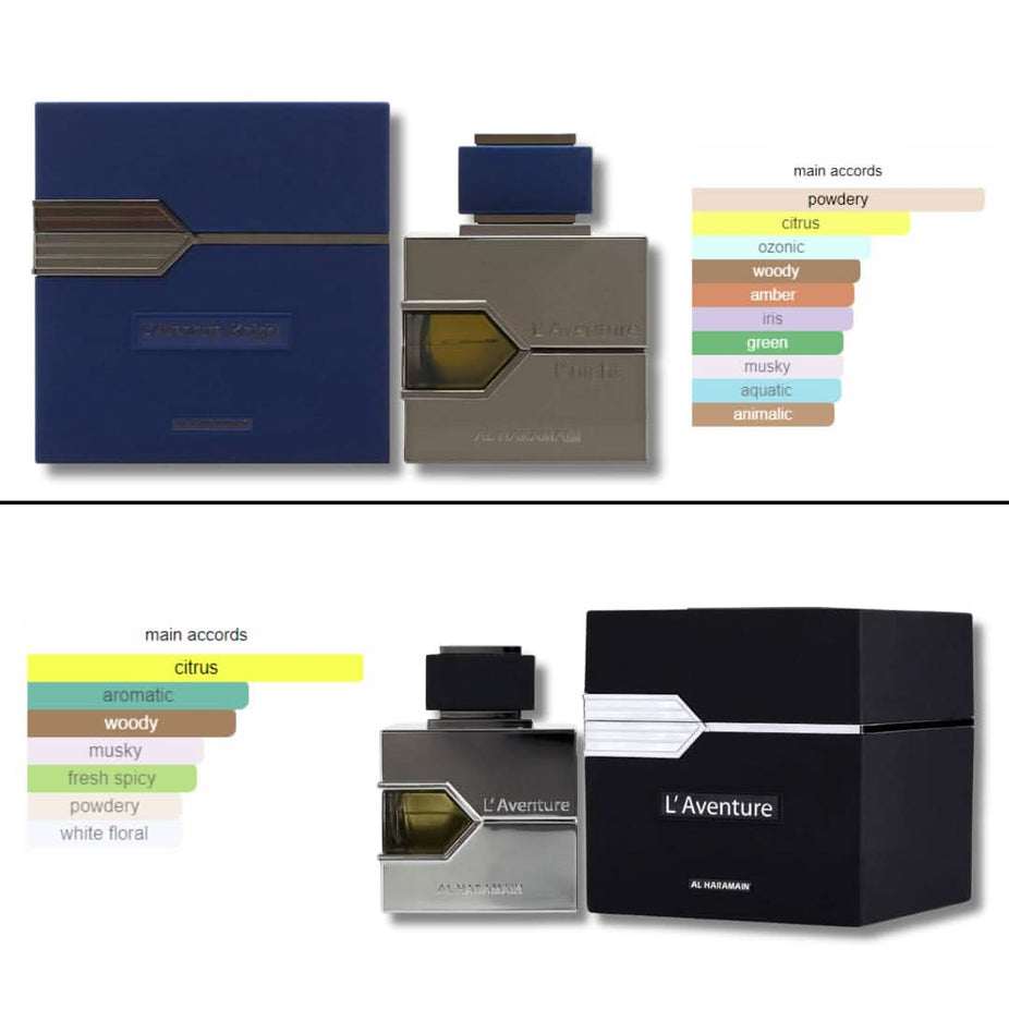 Al Haramain L'Aventure for Men and Knight Eau De Parfum bottles, 100ML, with sleek glass design and elegant packaging.