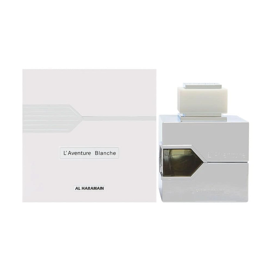 Al Haramain L'Aventure Blanche Eau De Parfum bottle, 100ML, with elegant packaging and fragrance details visible.