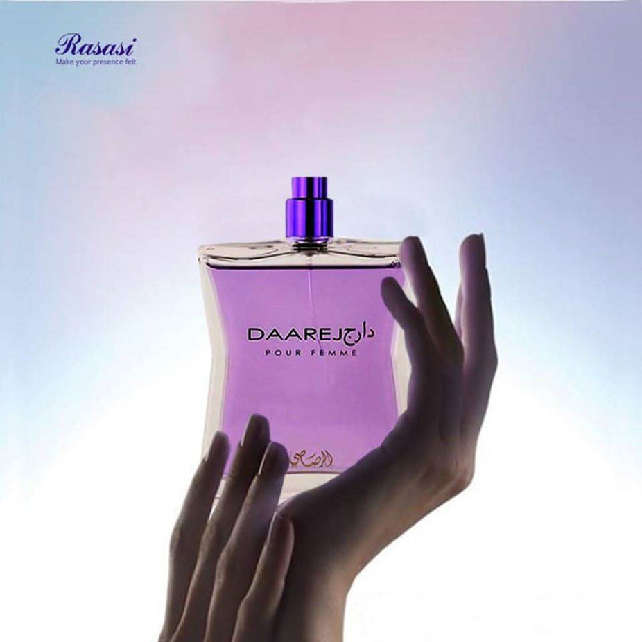 Daarej for Women Eau de Parfum spray by Rasasi, 100ml bottle, with elegant packaging and floral fragrance design.